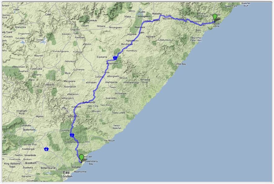 Parcours des 26 et 27 sept. 2009 East London- Port St Johns