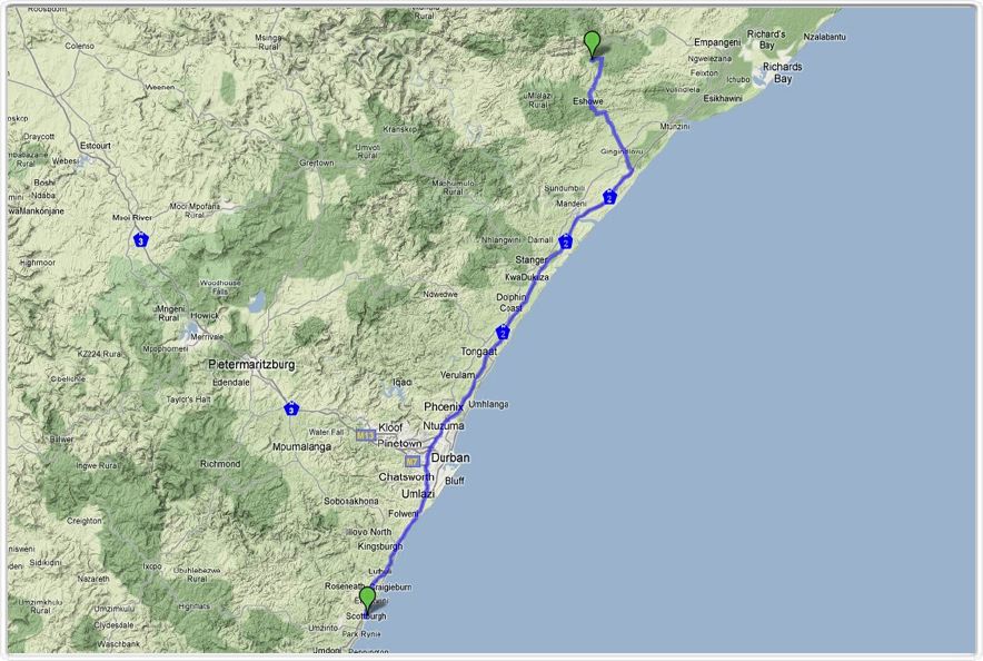 Parcours du 29 sept. 2009 Scottburgh - Shakaland