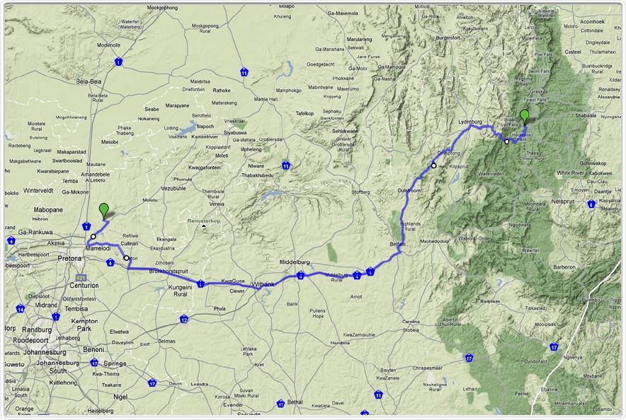 Parcours du 5 octobre 2009 Sabie - Prétoria